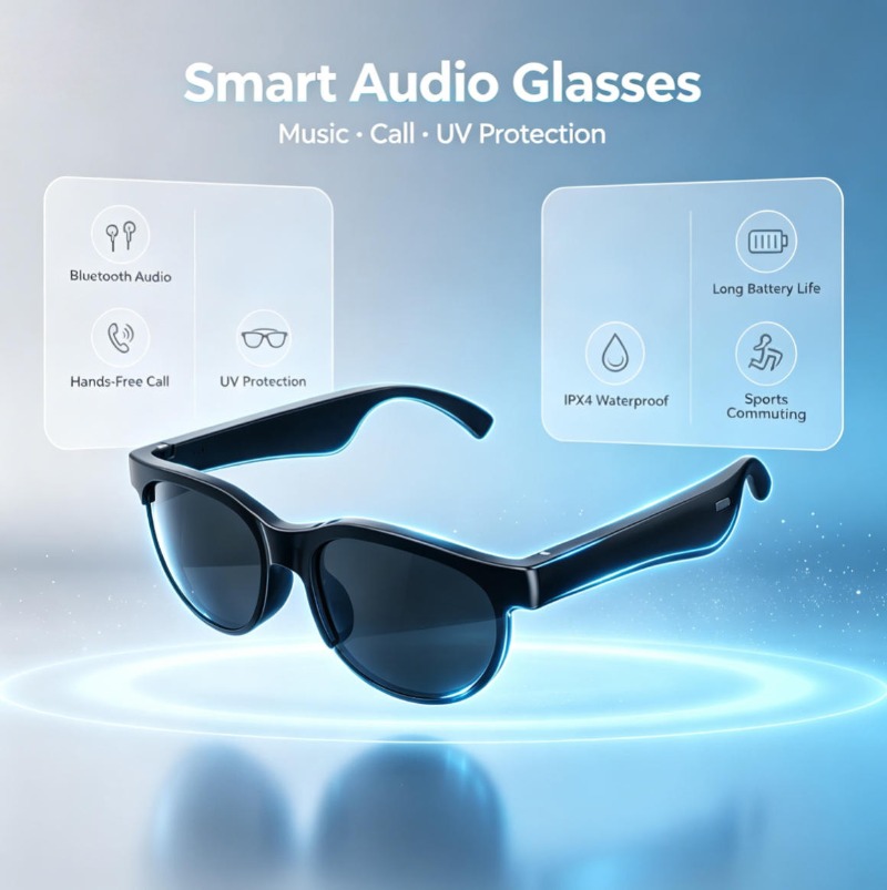 Smart Glasses Lens - แว่นตาอัจฉริยะพร้อมระบบเสียง บลูทูธ โทรแบบแฮนด์ฟรี ป้องกันรังสียูวี แบตเตอรี่ใช้งานได้นาน แว่นตาแบบเปิดสำหรับกีฬาและการเดินทาง